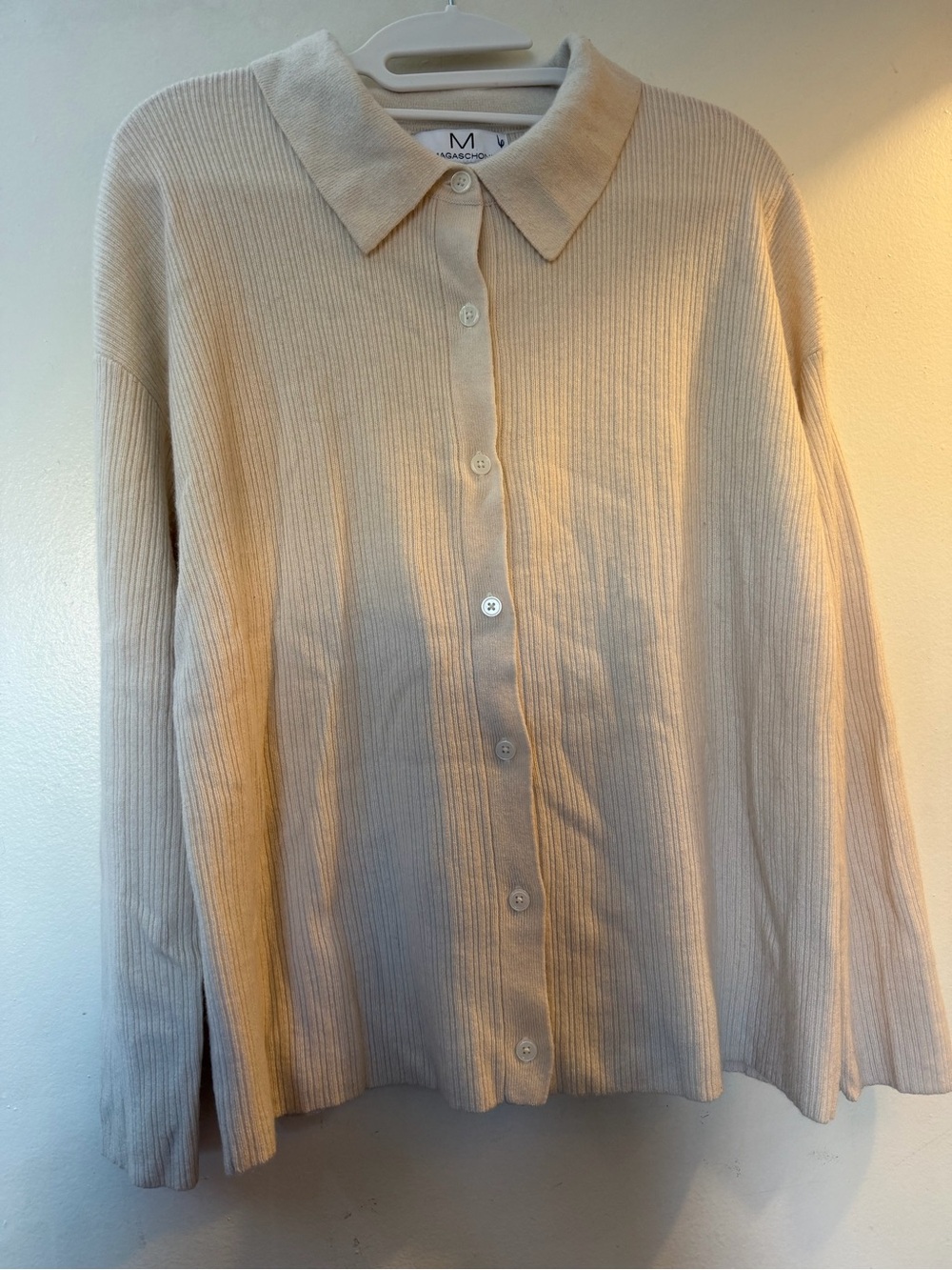 Magaschoni 100% Cashmere Ribbed Collared Cardigan Sweater Cream Size Large